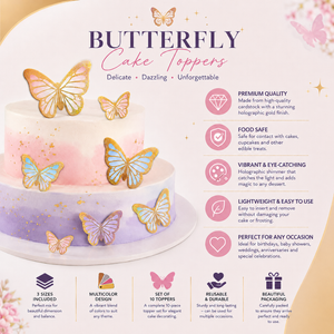 Butterfly cake toppers on a cake with product features listed on the right.