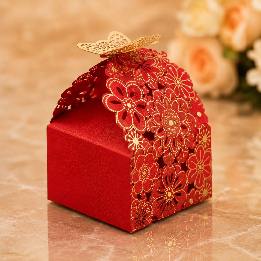 Decorative red gift box with floral patterns on a marble surface