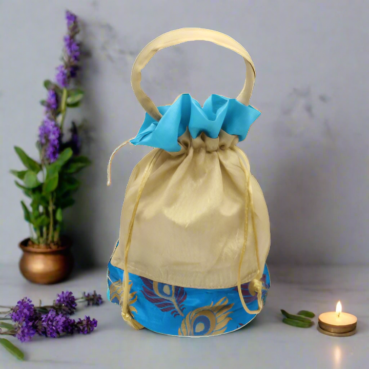 7x9 Design Potli Bag | Blue Feather Print | Pack Of 10 - Bakeyy.com