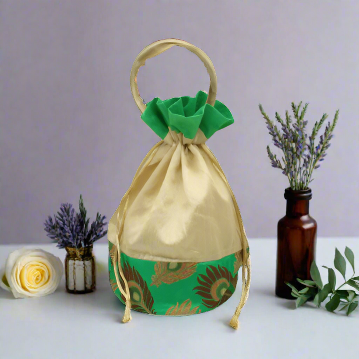 7x9 Design Potli Bag | Green Feather Print | Pack Of 10 - Bakeyy.com