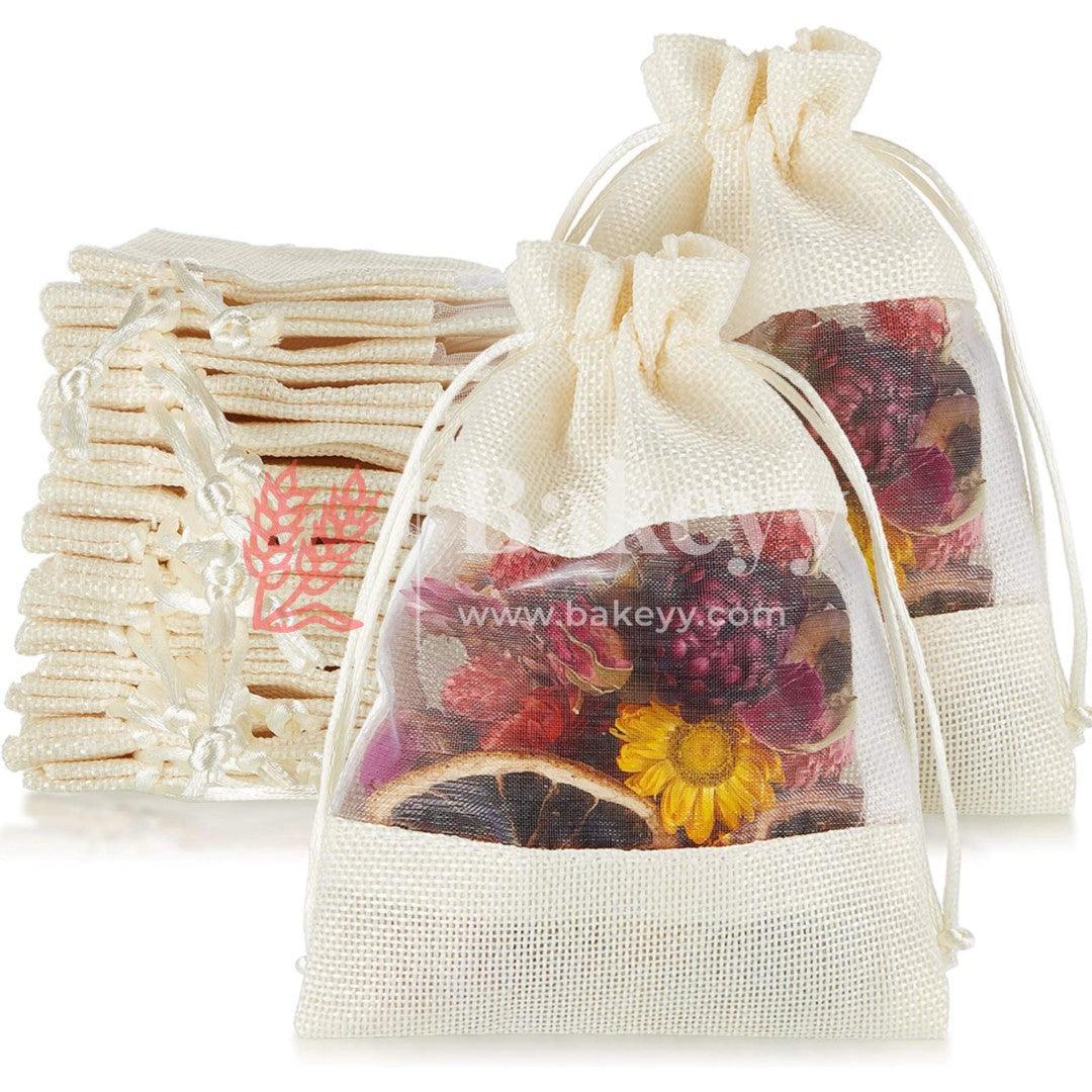 18x24 CM | Cream | Jute Potli Window Bag | Gift Return Gifts Bags| Drawstring Bags - Bakeyy.com - India - 18x24 CM | Cream | Jute Potli Window Bag | Gift Return Gifts Bags| Drawstring Bags - Pack Of 10 / 5303 / 7x9 Inch