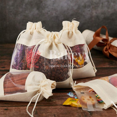 18x24 CM | Cream | Jute Potli Window Bag | Gift Return Gifts Bags| Drawstring Bags - Bakeyy.com - India - 18x24 CM | Cream | Jute Potli Window Bag | Gift Return Gifts Bags| Drawstring Bags - Pack Of 10 / 5303 / 7x9 Inch