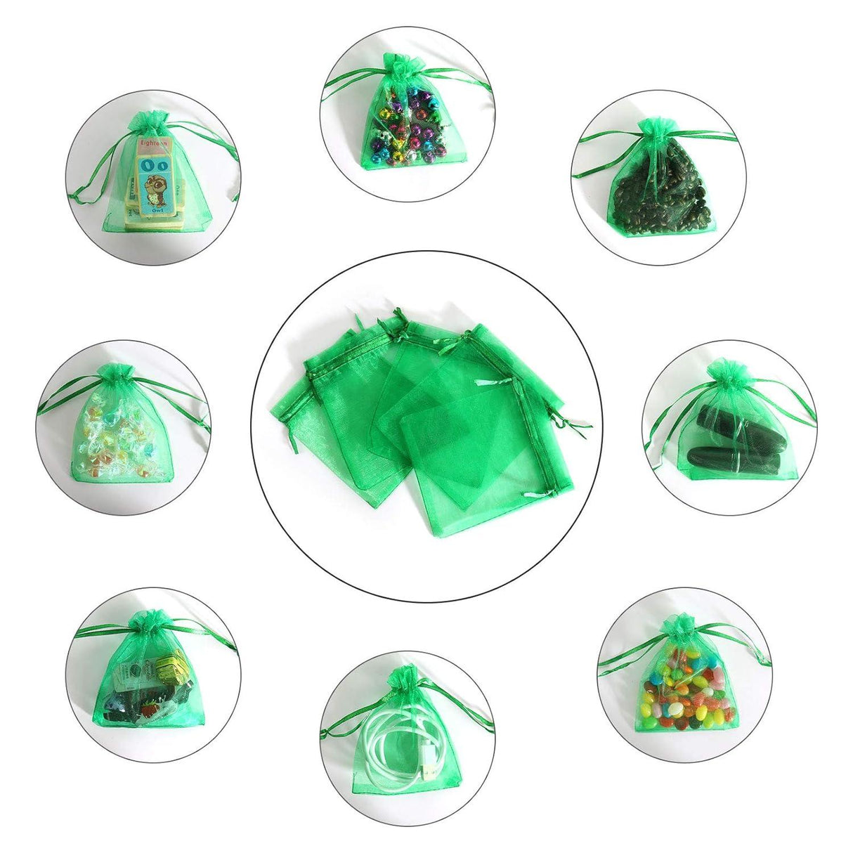 18x24 CM | Organza Potli Bags | Green Colour | Candy Bag | - Bakeyy.com - India - 18x24 CM | Organza Potli Bags | Green Colour | Candy Bag | - Pack Of 50 / 18x24 cm / 7x9 in / Green