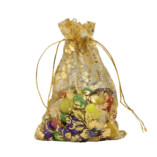 7x9 Inch | Printed Organza Potli Bags | Pack of 40 | Gold Colour | Candy Bag - Bakeyy.com