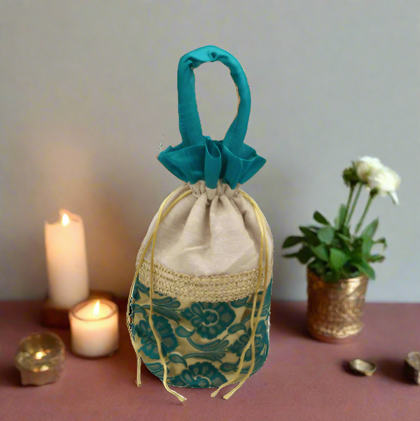 7x9 Jute Design Potli Bag | Gold With Green Floral Print | Pack Of 10 - Bakeyy.com