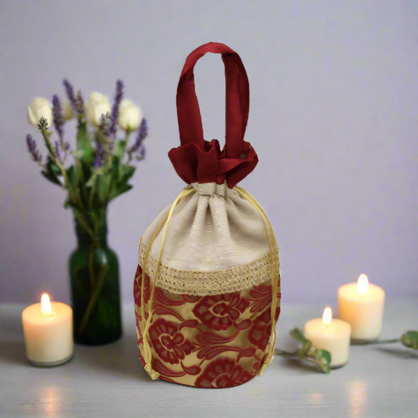 7x9 Jute Design Potli Bag | Gold With Red Flower Print | Pack Of 10 - Bakeyy.com