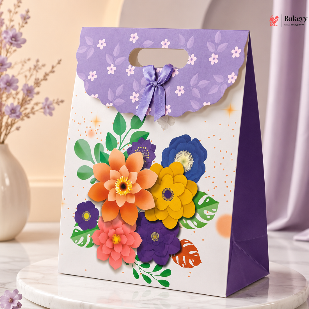 Decorative gift bag with colorful floral design on a neutral background