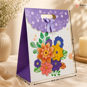 Floral gift bag with measurements on a soft background