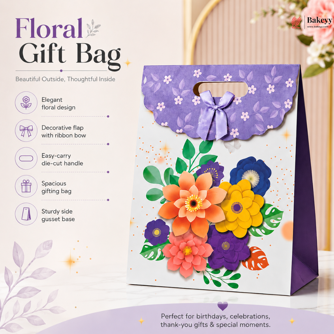 Floral gift bag with decorative flowers on a white background