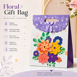 Floral gift bag with decorative flowers on a white background