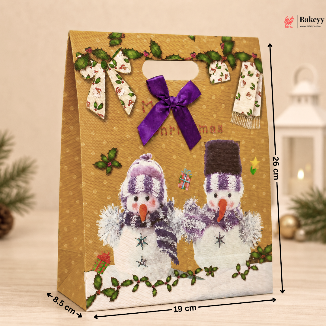 Decorative gift bag with snowmen design and measurements on a neutral background