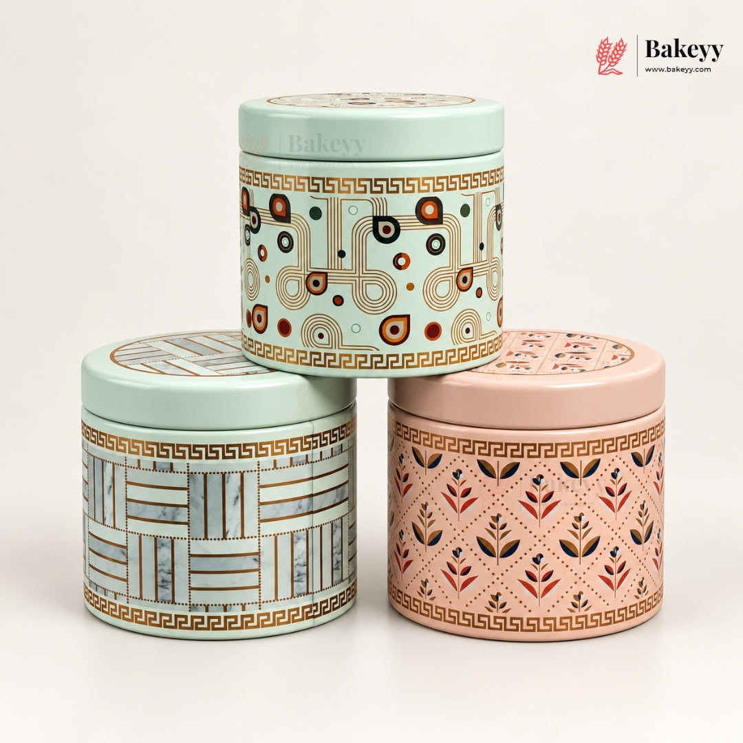 8.5x8cm | Printed Round Tin Box with Lid | 3 Designs | Pack of 4