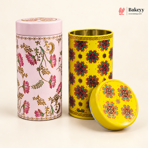 7×15 cm | Printed Round Tin Box with Lid | 2 Designs | Pack of 4