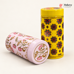 7×15 cm | Printed Round Tin Box with Lid | 2 Designs | Pack of 4