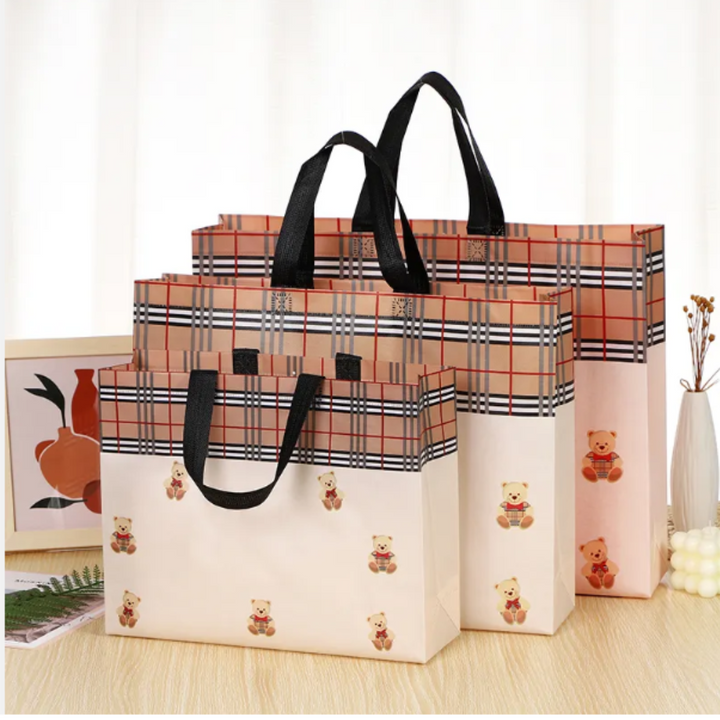 PVC Lamination Bags, Brown LV Checks with Teddy Bear Design, Non Woven Design, 4 sizes available - Bakeyy.com