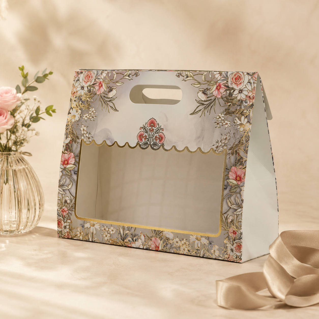 A decorative paper gift box with a floral print, scalloped window trim, and a handle, photographed on a warm beige surface with a vase of flowers and a ribbon nearby.