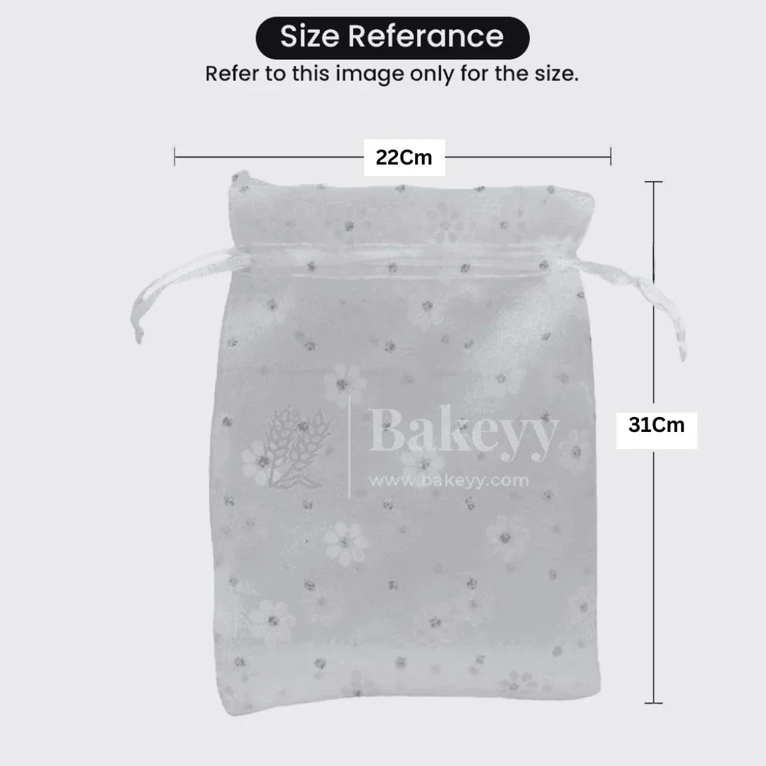 22x31 CM | Floral Designs Organza Potli Bags | Pack of 50 |  White Color | Candy Bag