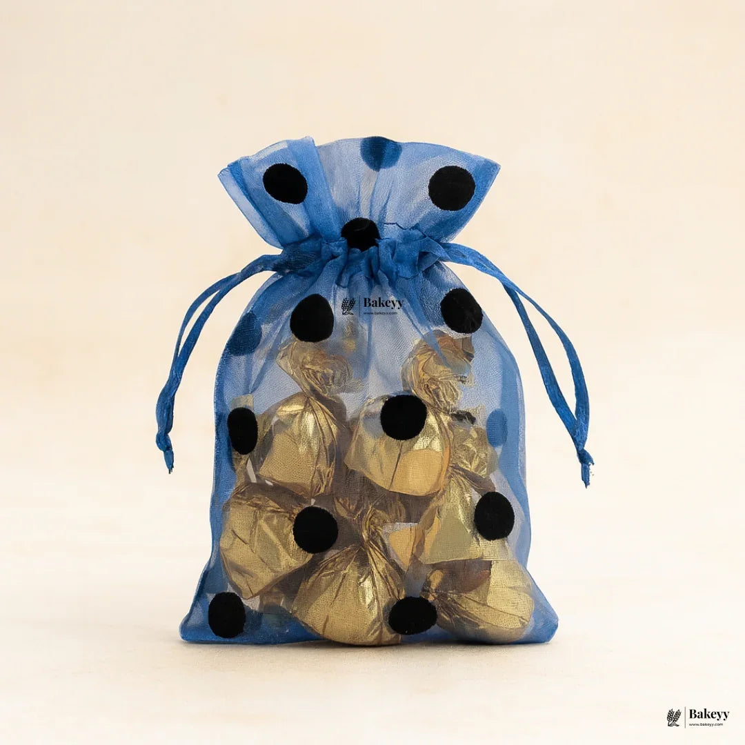 10x14 CM | Blue Polka Dot Organza Potli Bags | Pack of 100