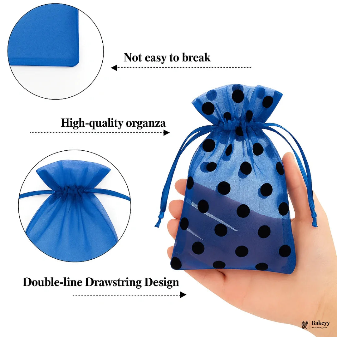 10x14 CM | Blue Polka Dot Organza Potli Bags | Pack of 100