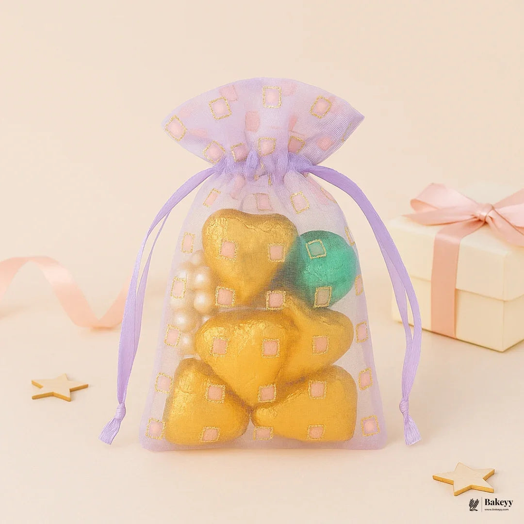10x14 CM | Purple Square Dot Organza Potli Bags | Pack of 100