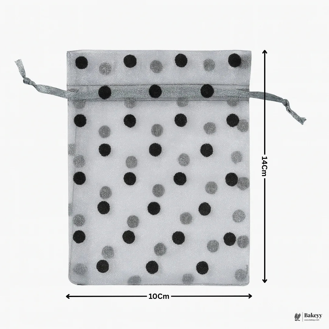 10x14 CM | Grey Polka Dot Organza Potli Bags | Pack of 100