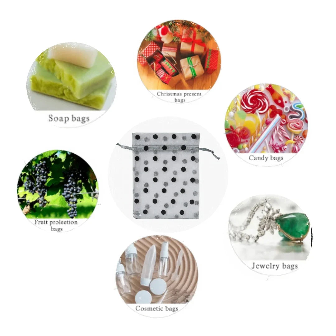 10x14 CM | Grey Polka Dot Organza Potli Bags | Pack of 100