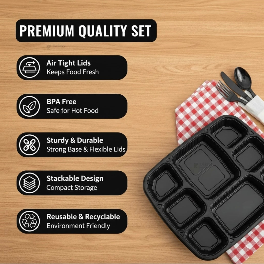8 Compartment Plastic Meal Tray with Lid | Disposable Food Packaging Container for Takeaway Meals, Catering & Meal Prep | Pack of 25
