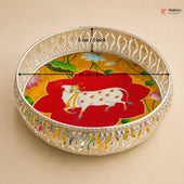 Decorative tray with a cow illustration and measurements on a beige background