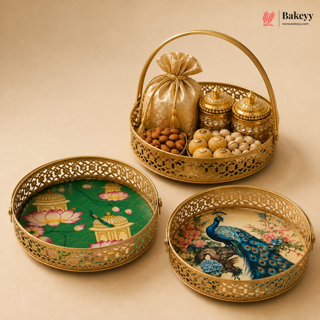 8 Inch Round Peacock & Lotus Design Decorative Basket
