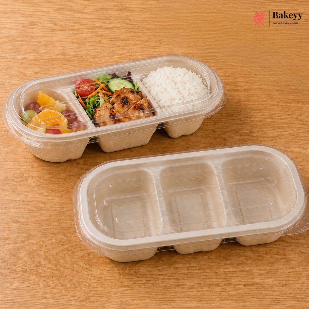 Sugarcane Bagasse 3 Compartment Food Tray with Clear Lid | Pack of 50
