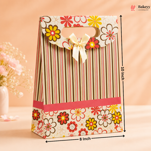 Decorative gift bag with floral design and measurements on a peach background