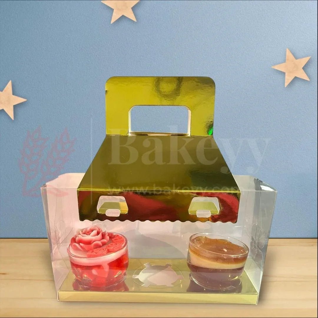 3-Cavity Transparent Cupcake Box with Golden Handle | mini hamper box | cupcake gift packaging | plastic cupcake carrier | Pack of 10 - Bakeyy.com - India - 3-Cavity Transparent Cupcake Box with Golden Handle | mini hamper box | cupcake gift packaging | plastic cupcake carrier | Pack of 10 - Default Title