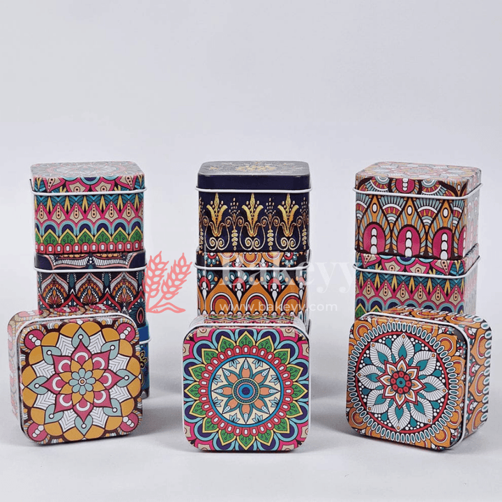 Matka Tin | Square Shaped Decorative Boxes | Pack Of 12 | Candle Tin Box | Different Designs | - Bakeyy.com - India - Matka Tin | Square Shaped Decorative Boxes | Pack Of 12 | Candle Tin Box | Different Designs | - Default Title