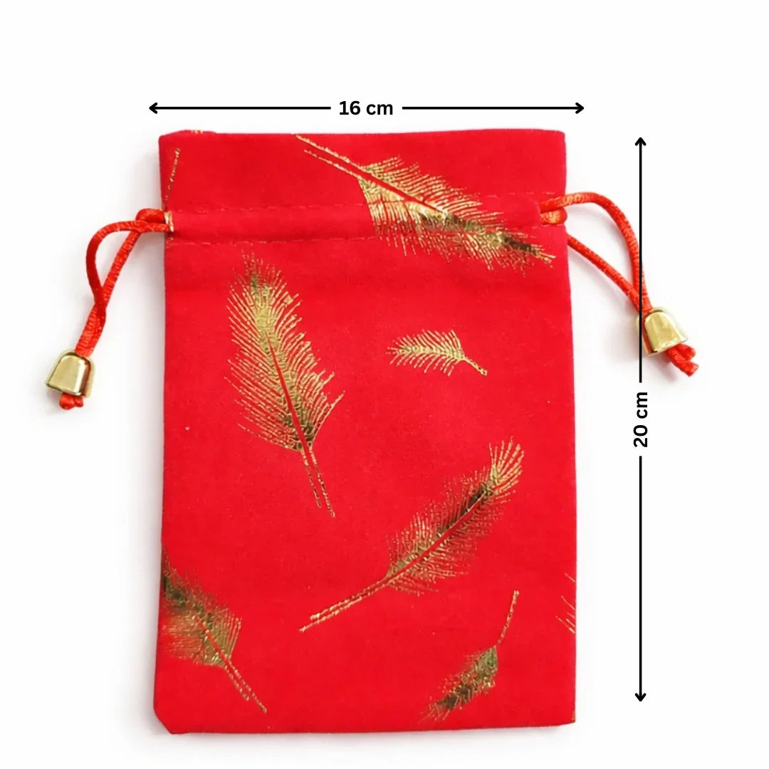 Premium Velvet Potli Bags for Gifting & Packaging l gold feather print Potil Bags l Pack of 10 - Bakeyy.com - India - Premium Velvet Potli Bags for Gifting & Packaging l gold feather print Potil Bags l Pack of 10 - Red / 16x20 300.00