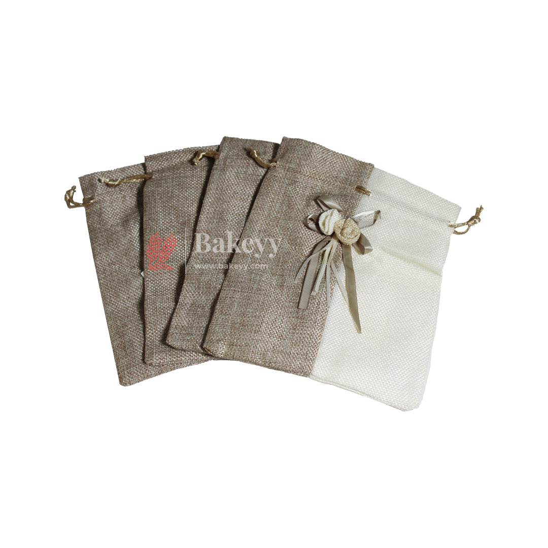 9x13cm| Natural & Cream Jute Potli Bag with Floral Accent | Traditional Potli Bag | Wedding Favor Bag | Jewelry Pouch | Floral Accent Gift Bag | Pack of 10