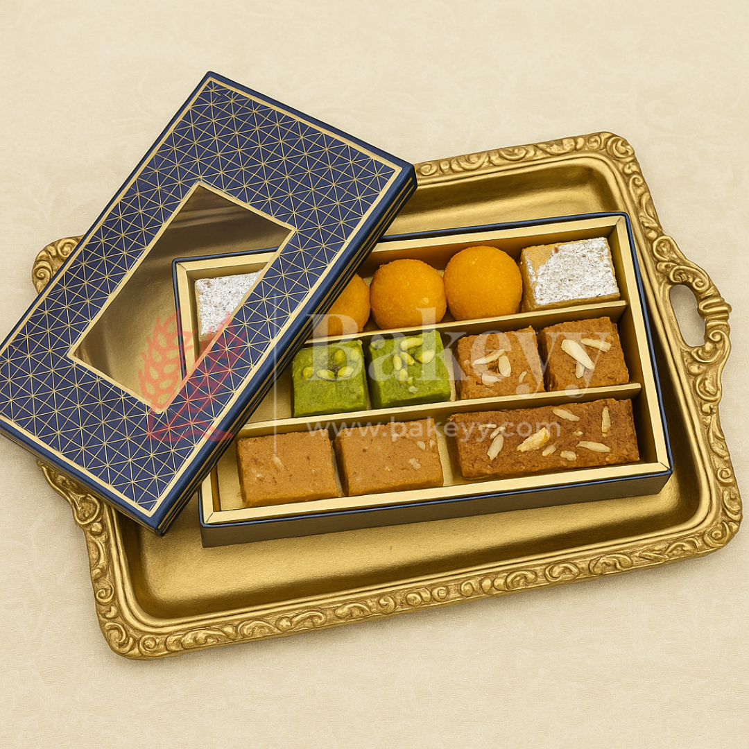 One Kg Sweet Box | 12.5x7.5x1.5 Inch | Blue Sweet and Chocolate box with Golden tray | 1 Piece
