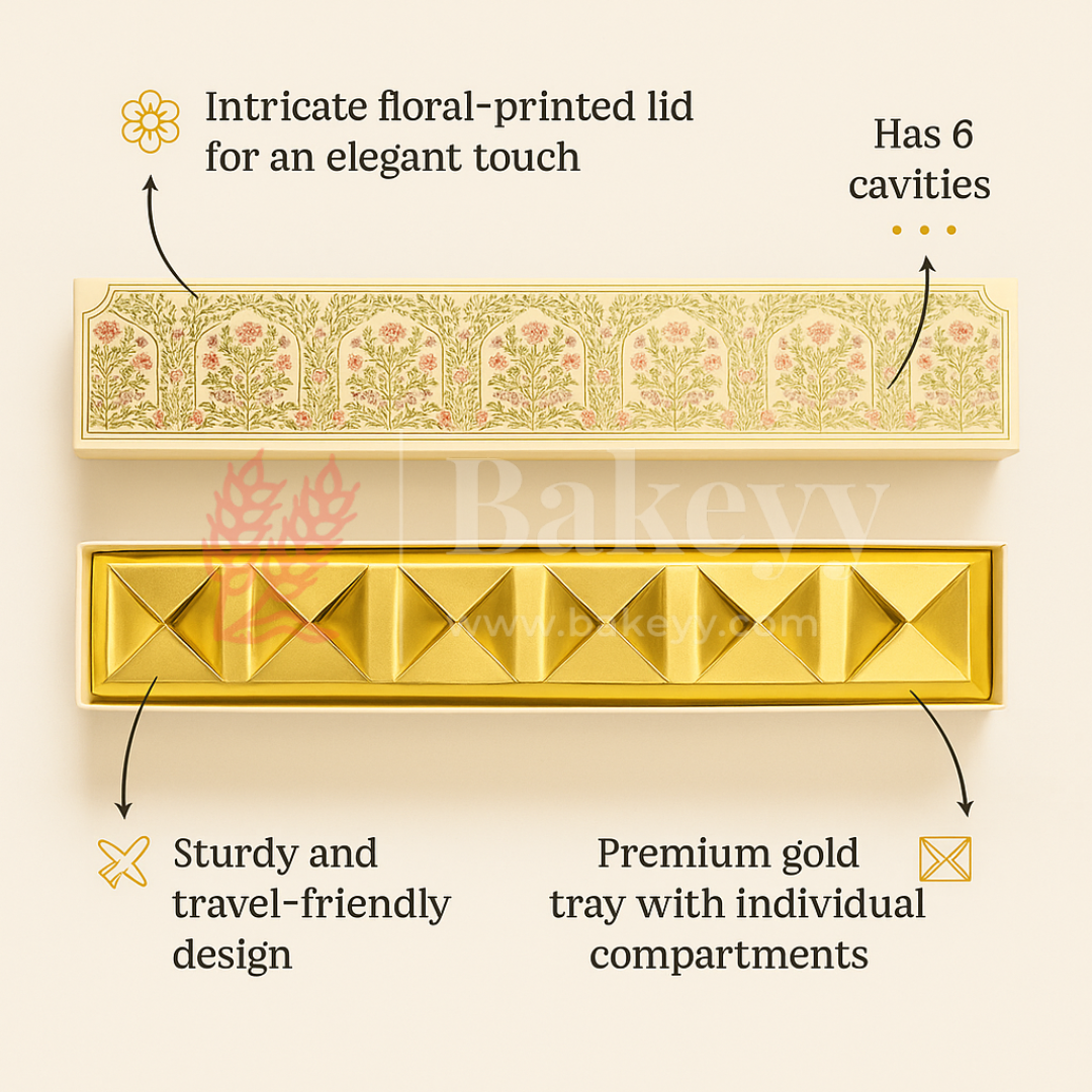 11.5x2 Inches | Rigid Chocolate Box with 6 Cavities | Floral Print | Sweet box | 1 Piece