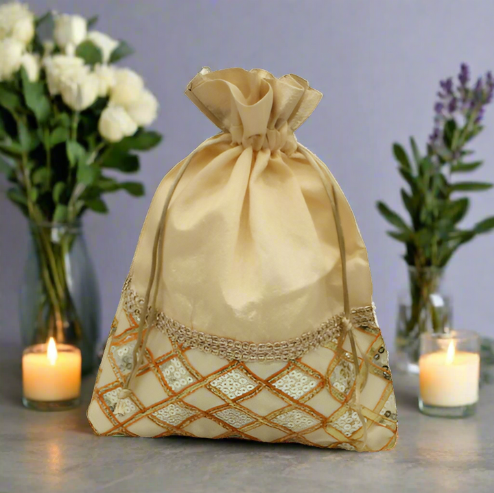 8x10 Design Potli Bag | Gold | Pack Of 10 - Bakeyy.com