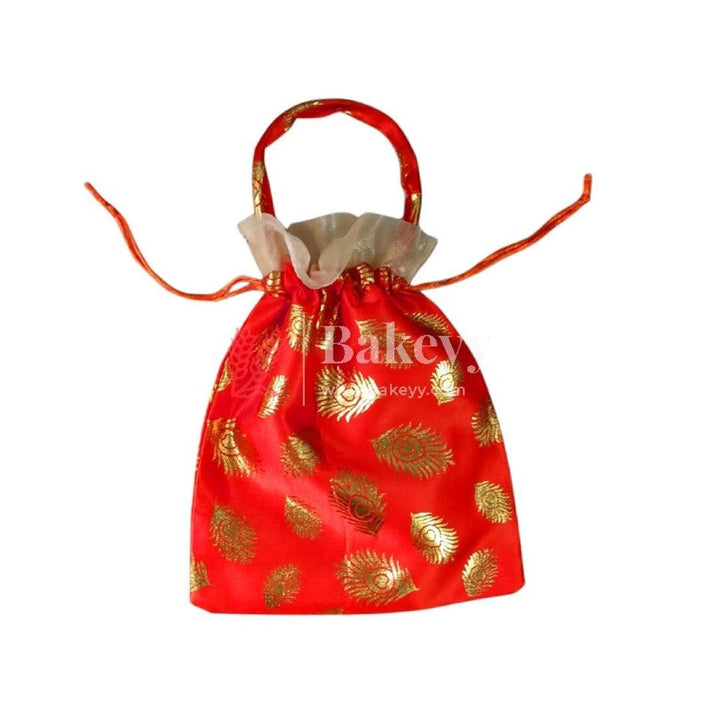 8x10 Design potli Bag | Red with Golden Peacock feathers | Pack Of 10 - Bakeyy.com