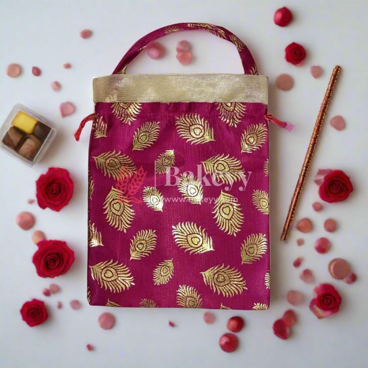 20x25 CM Design potli Bag | Rose Pink with Golden Peacock feathers | Pack Of 10 - Bakeyy.com - India - 20x25 CM Design potli Bag | Rose Pink with Golden Peacock feathers | Pack Of 10 - Default Title