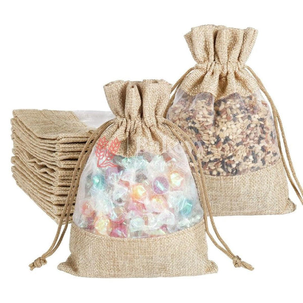 8x10 Inch Natural | Jute Potli Window Bag | Gift Return Gifts Bags| Drawstring Bags - Bakeyy.com