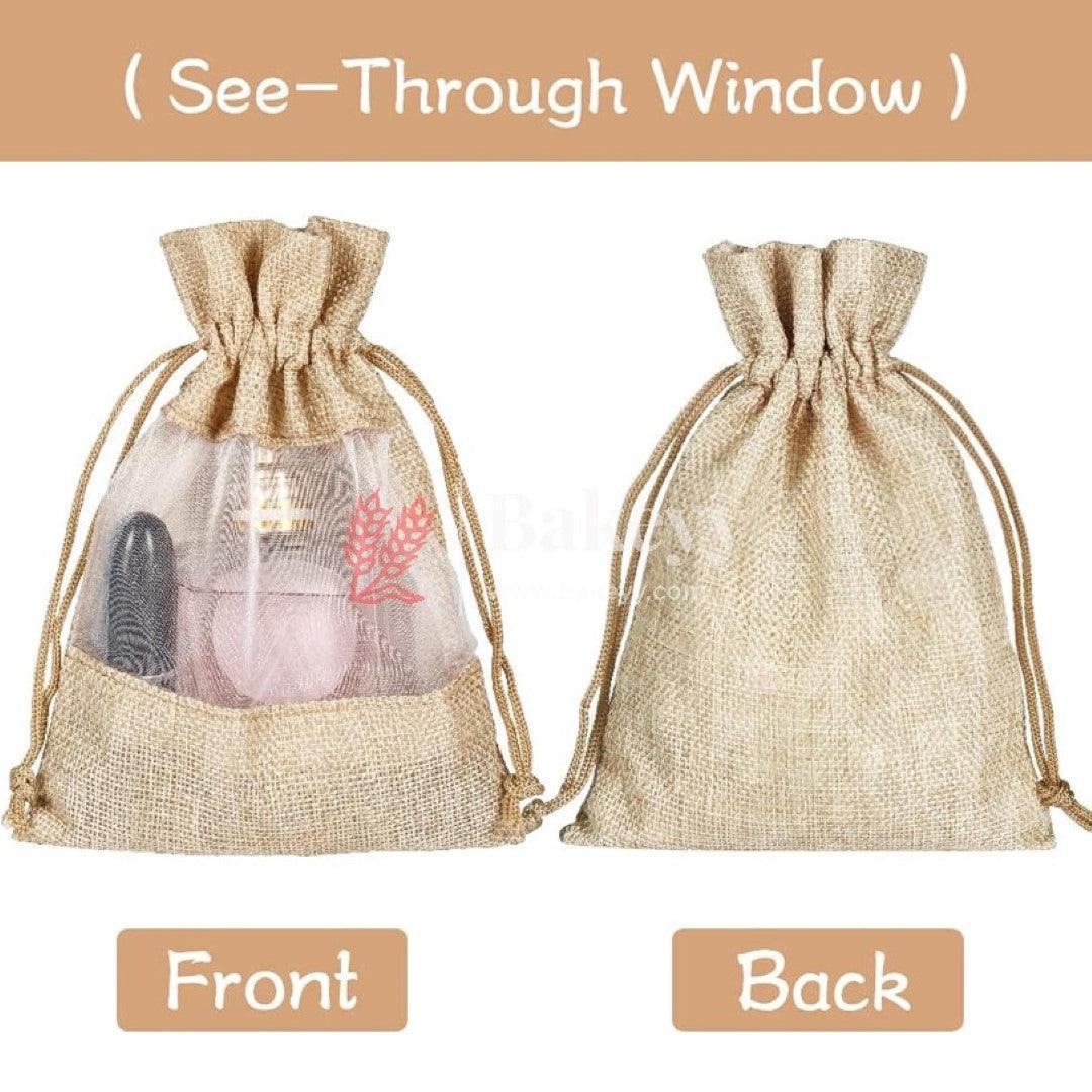 20x25 CM | Natural | Jute Potli Window Bag | Gift Return Gifts Bags| Drawstring Bags - Bakeyy.com - India - 20x25 CM | Natural | Jute Potli Window Bag | Gift Return Gifts Bags| Drawstring Bags - Pack Of 10 / 5303 / 8x10 Inch