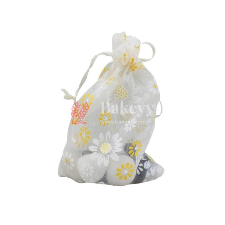 8x10 Inch | Floral Design Organza Potli Bags | White Color | Candy Bag | Pack 0f 50 - Bakeyy.com