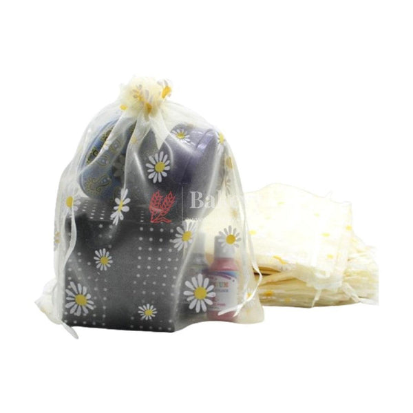 8x10 Inch | Floral Designs Organza Potli Bags | Pack of 50 | Cream Color | Candy Bag - Bakeyy.com