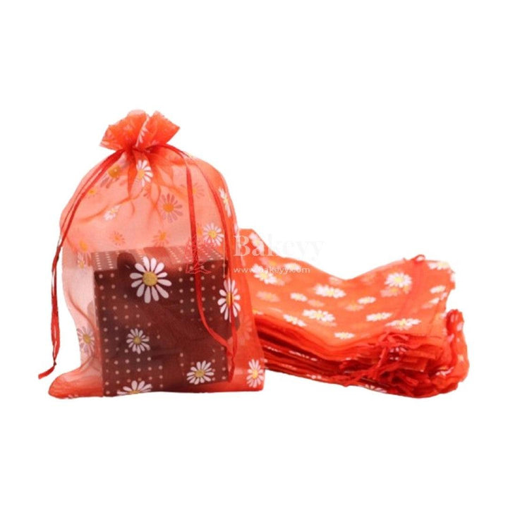 8x10 Inch | Floral Organza Potli Bags | Pack of 50 | Red Color | Candy Bag - Bakeyy.com