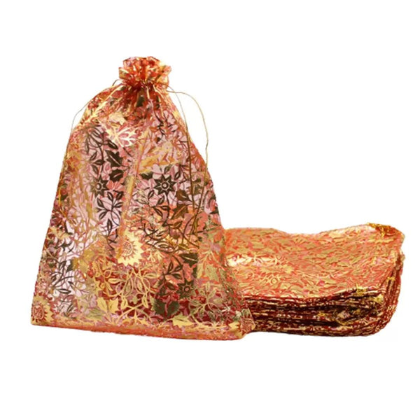 8x10 Inch | Printed Organza Potli Bags | Pack of 40 | Red Colour | Candy Bag - Bakeyy.com