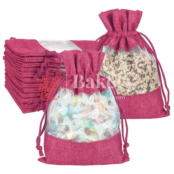 8x10 Inch Rose Pink | Jute Potli Window Bag | Gift Return Gifts Bags| Drawstring Bags - Bakeyy.com