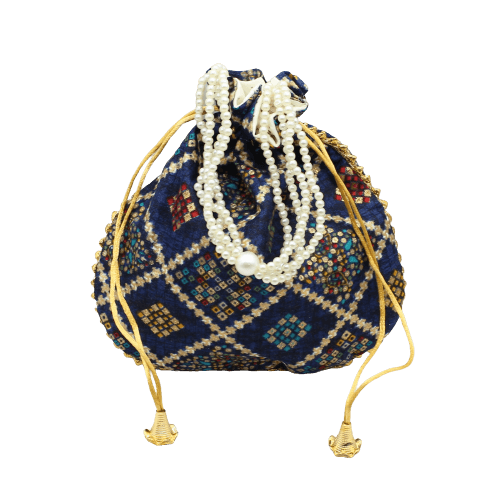 8x9 Fancy Potli Bag Return Gifts For Ladies | Gold &amp; Navy Blue - Bakeyy.com