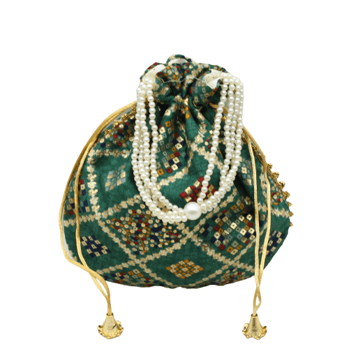 8x9 Fancy Potli Bag Return Gifts For Ladies | Multicolour With Green Colour - Bakeyy.com