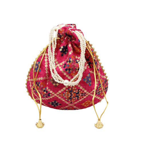 8x9 Fancy Potli Bag Return Gifts For Ladies | Multicolour With Rose Pink Colour - Bakeyy.com